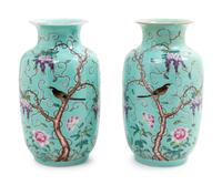 A Pair of Turquoise Ground Famille Rose Vases