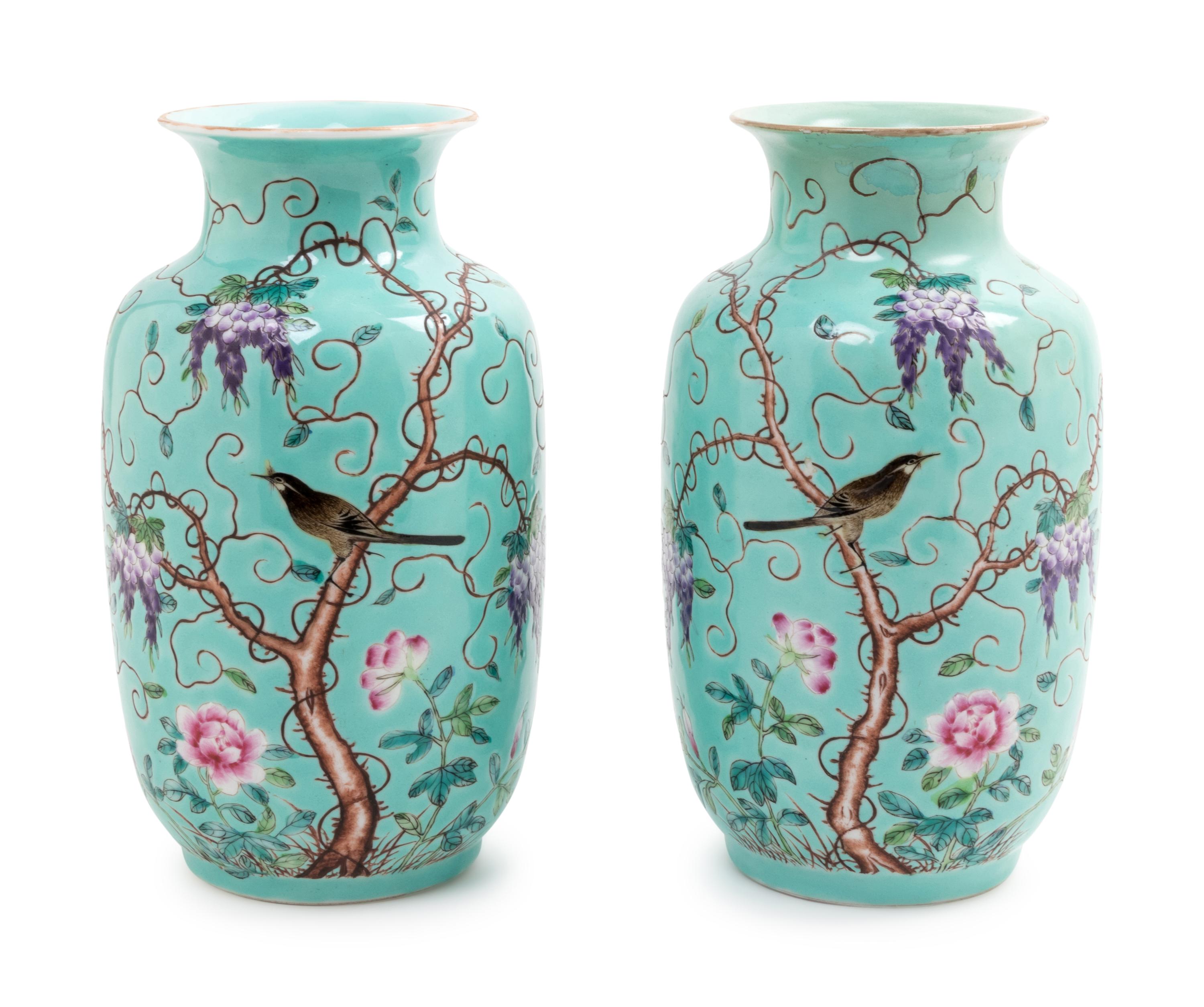 A Pair of Turquoise Ground Famille Rose Vases