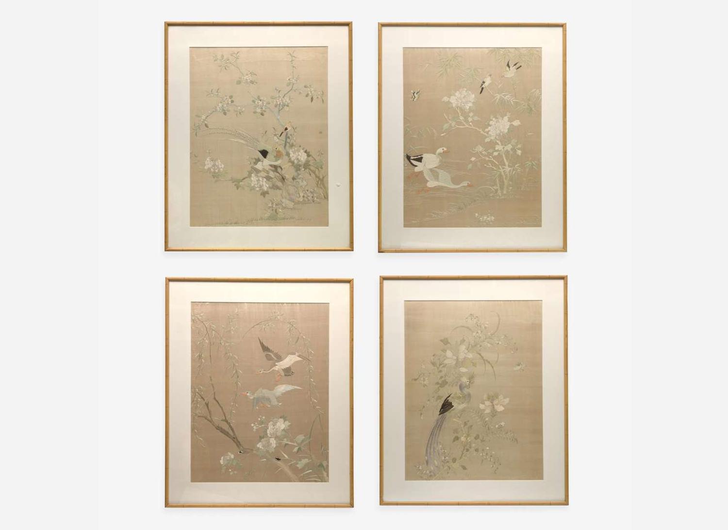 A set of four Chinese silk-embroidered panels depicting birds and flowers 刺繡花鳥 一組四件