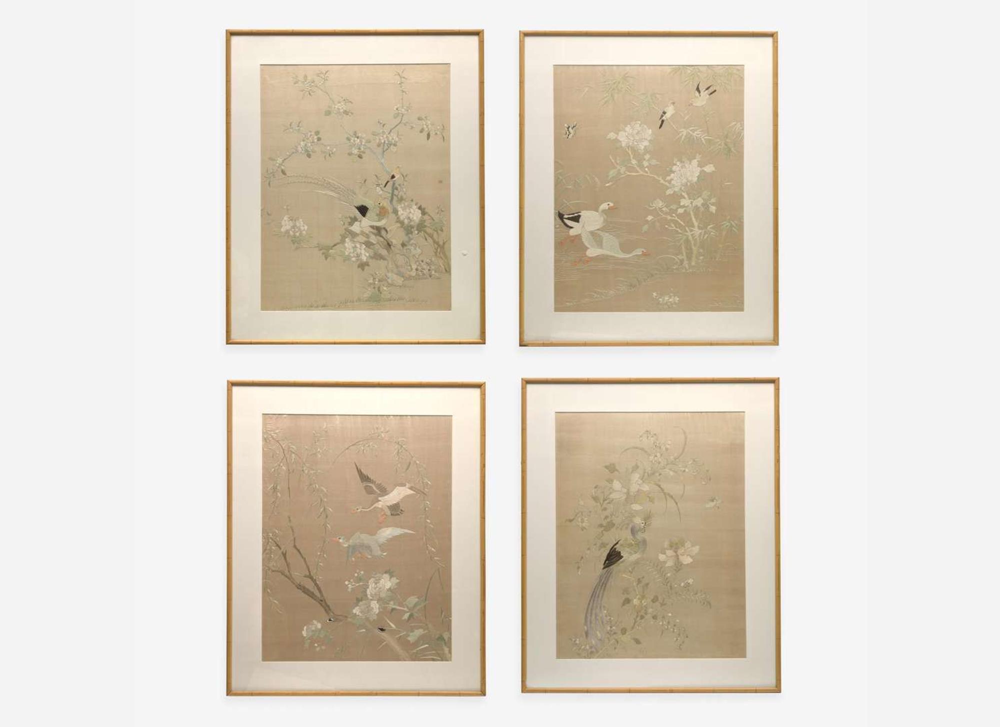 A set of four Chinese silk-embroidered panels depicting birds and flowers 刺繡花鳥 一組四件