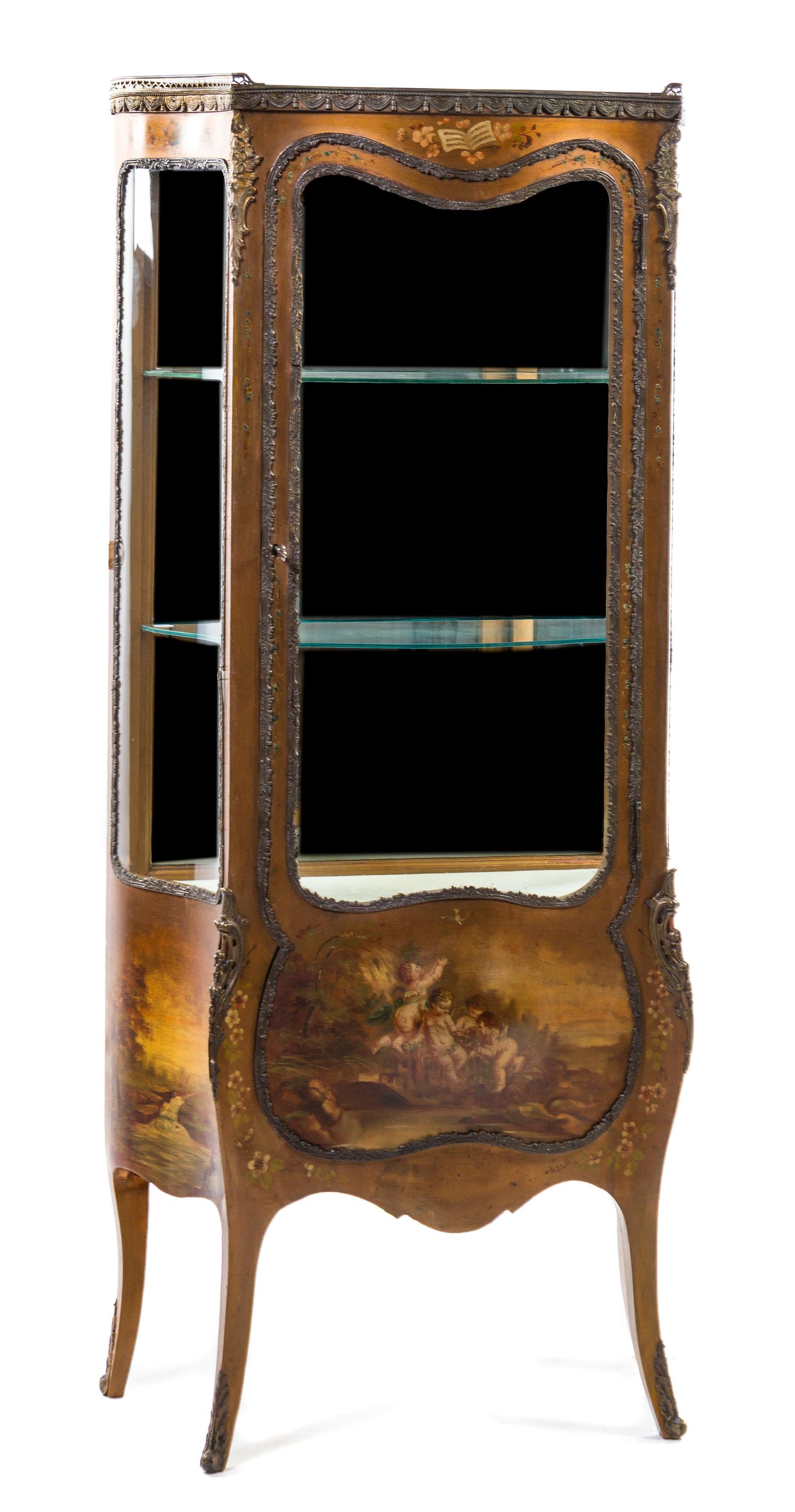 A Louis XV Style Vernis Martin Vitrine, Height 62 1/2 x width 28 1/2 x depth 14 inches.