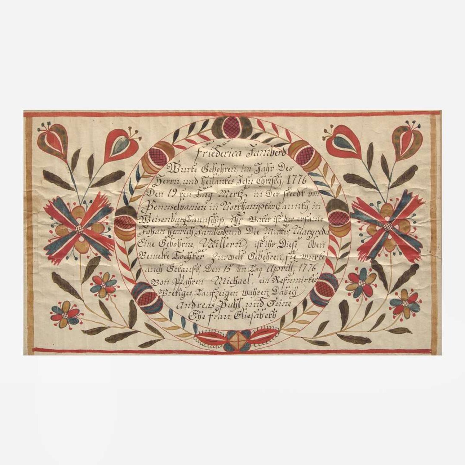 A Fraktur birth and baptism record for Friederica Vamberg Johann Conrad Gilbert (1734-1812)