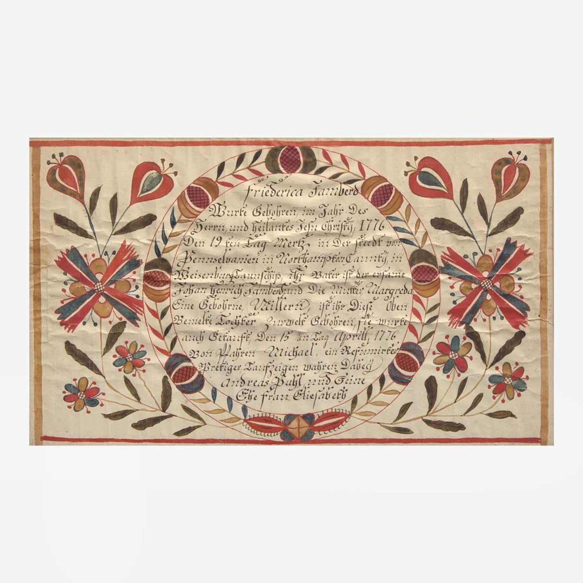 A Fraktur birth and baptism record for Friederica Vamberg Johann Conrad Gilbert (1734-1812)