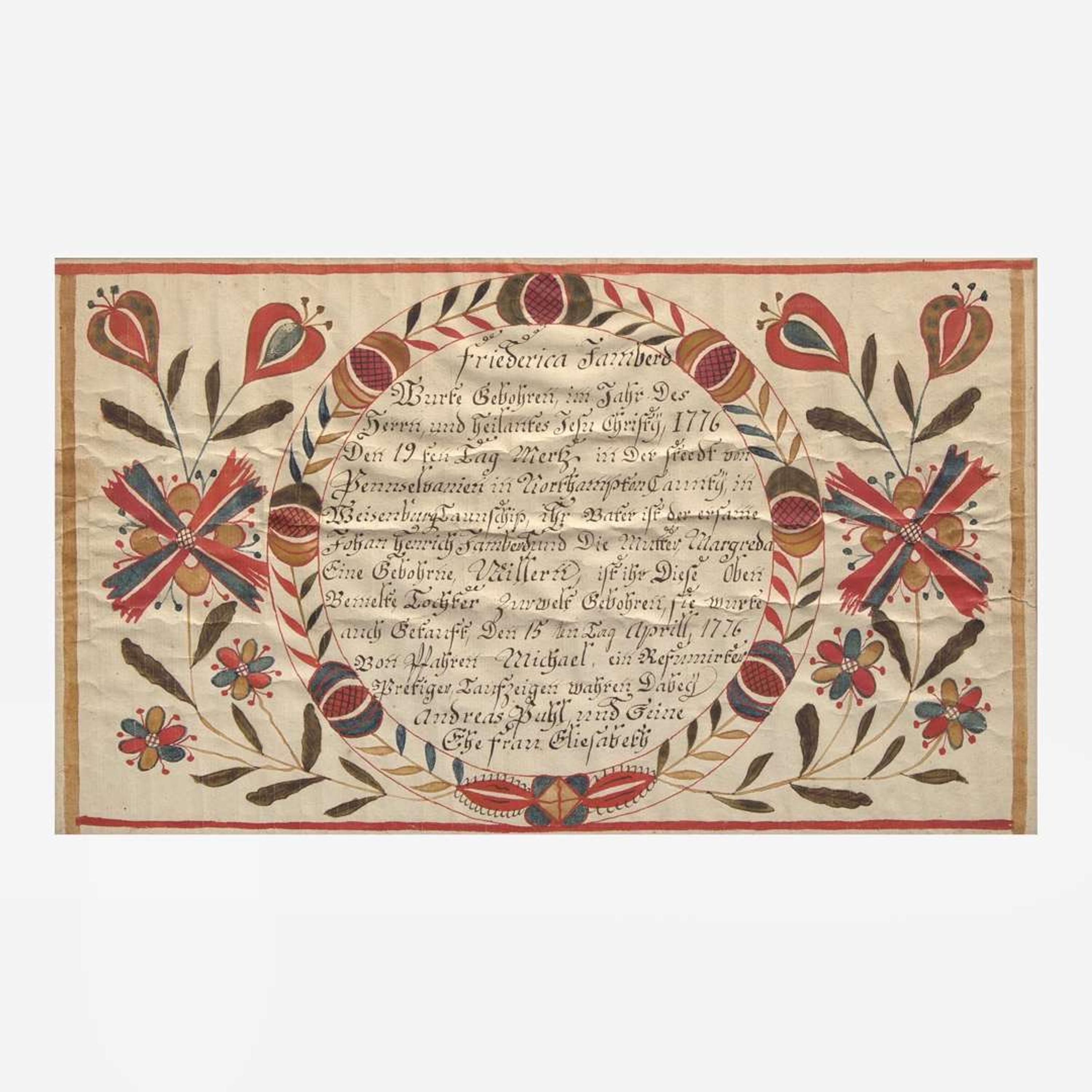 A Fraktur birth and baptism record for Friederica Vamberg Johann Conrad Gilbert (1734-1812)