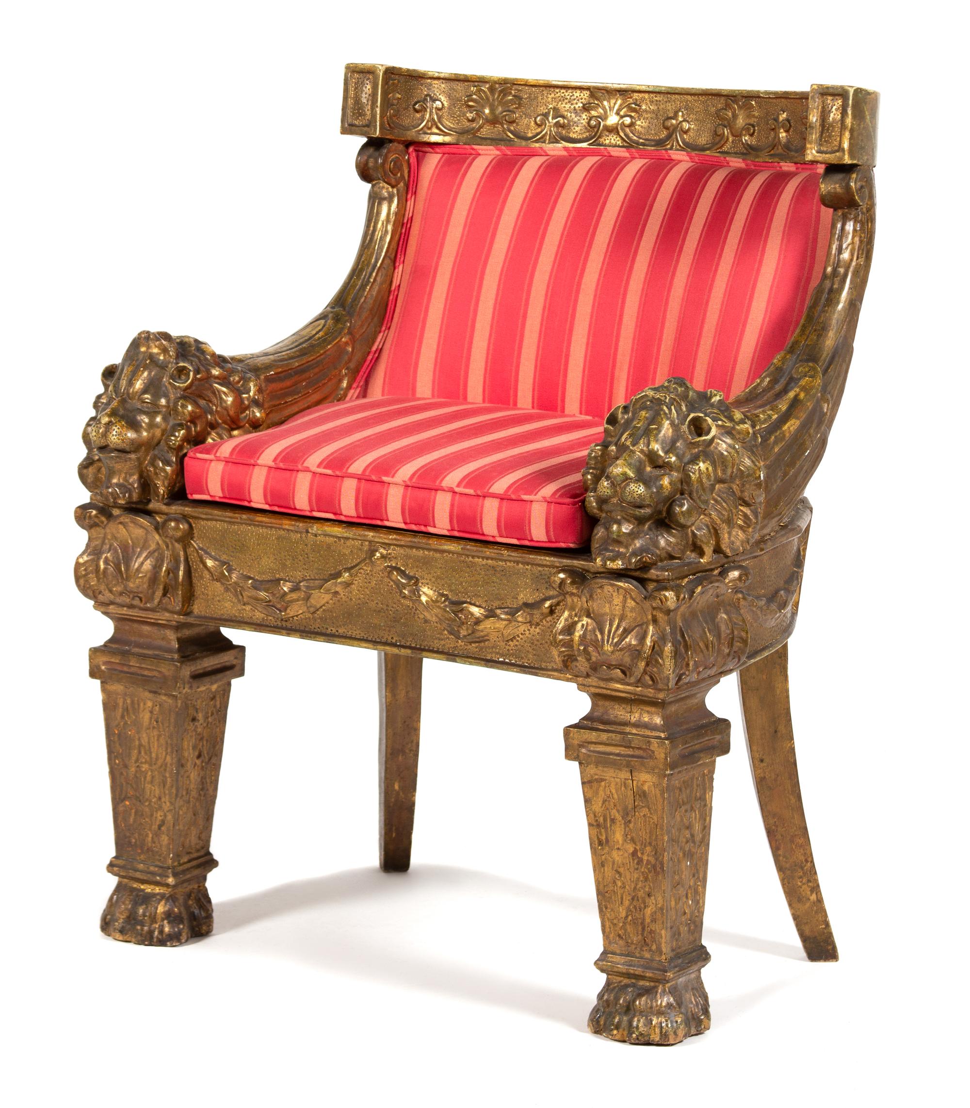 A Louis XIV Style Giltwood Barrel Back Lion Chair
