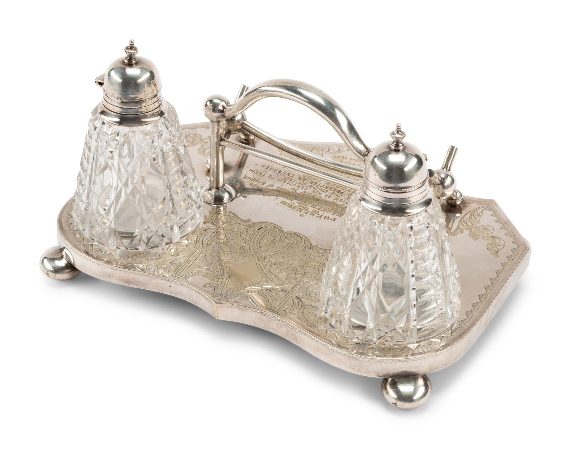 A Silver-Plate and Cut Glass Presentation Inkwell