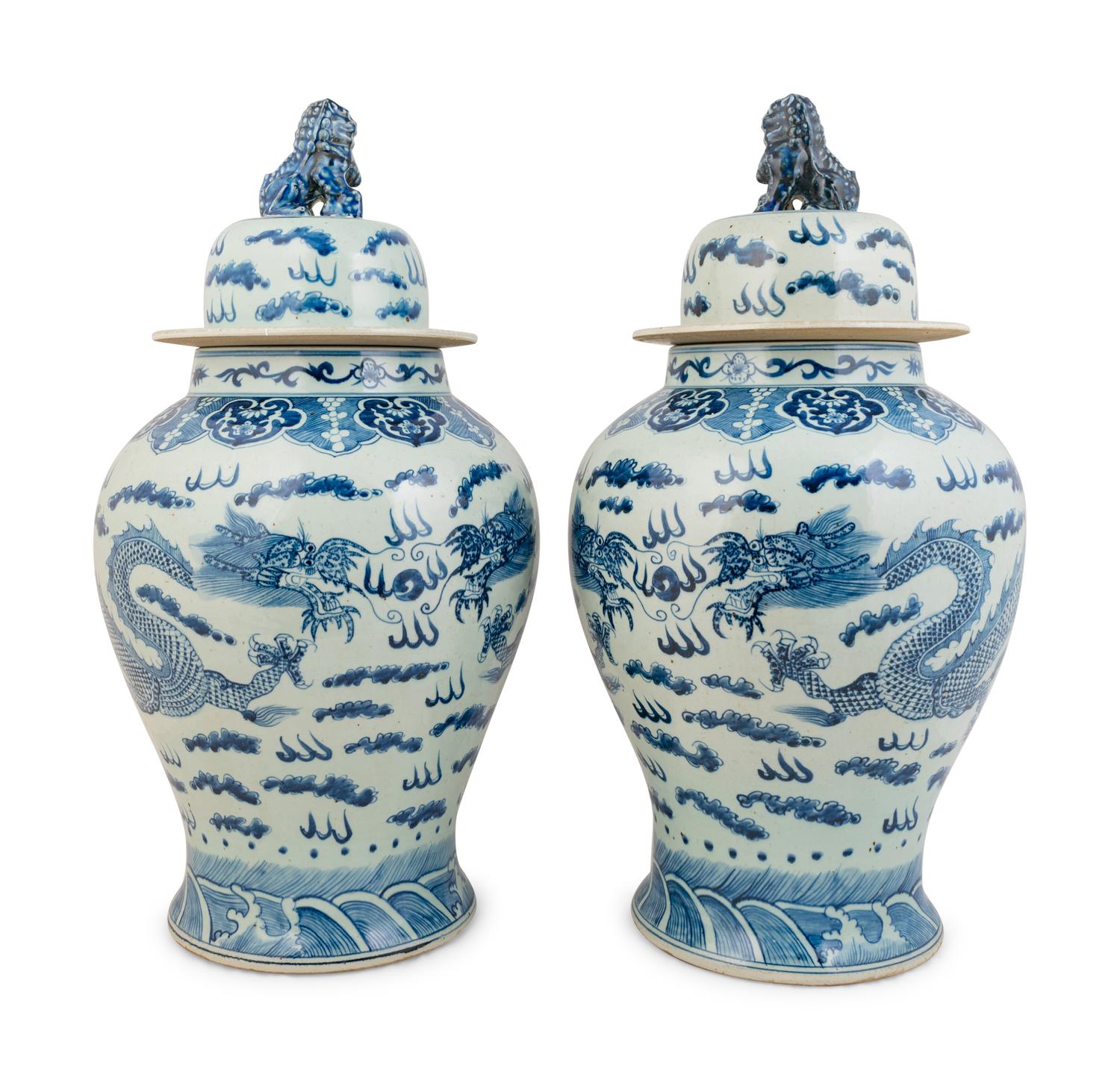 A Large Pair of Chinese Export Blue and White Porcelain Baluster Jars and Covers — 20TH CENTURY