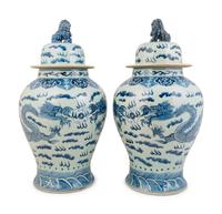 A Large Pair of Chinese Export Blue and White Porcelain Baluster Jars and Covers — 20TH CENTURY