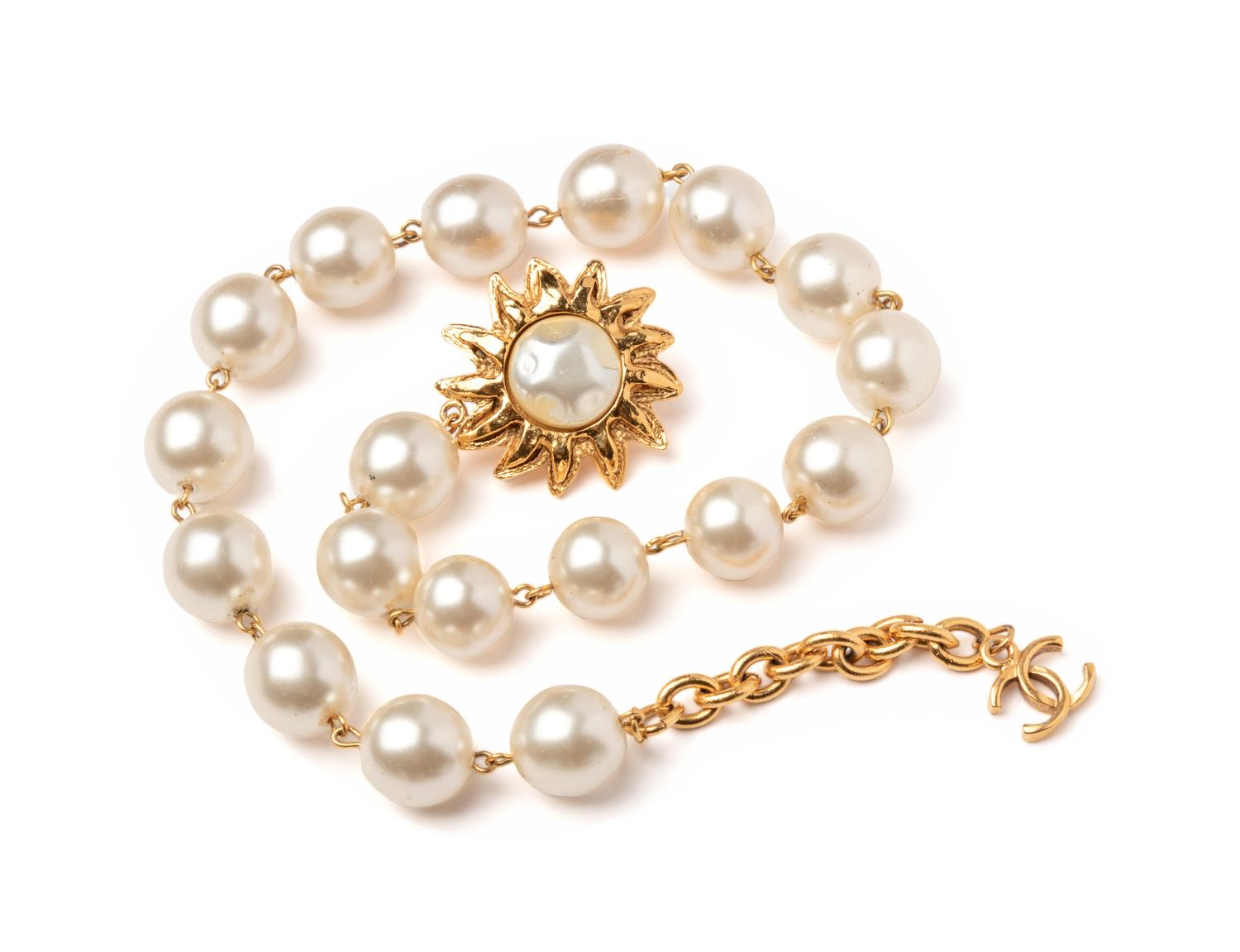 Chanel Large Faux Pearl Necklace with Gold Flower, Early 1980s