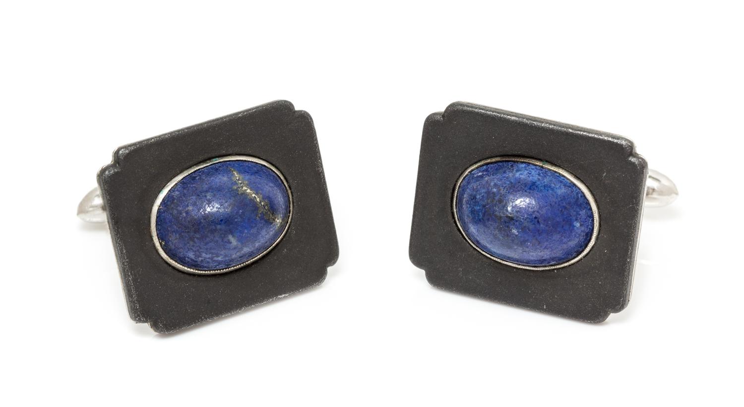 A Pair of Art Moderne Blackened Steel, White Gold and Lapis Lazuli Cufflinks, Marsh & Co., 11.25 dwts.