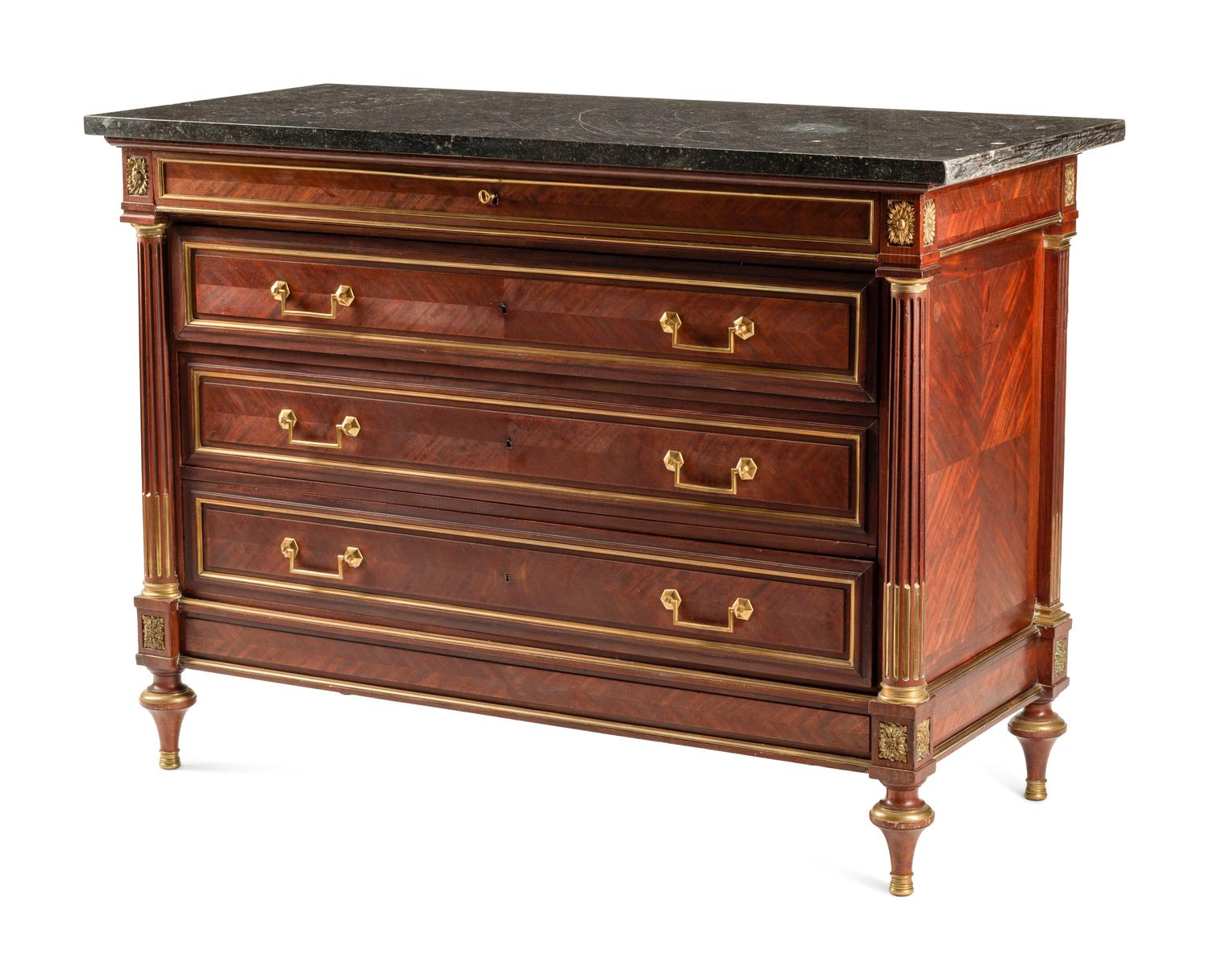 A Louis XVI Style Gilt Bronze Mounted Mahogany Marble-Top Commode