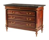 A Louis XVI Style Gilt Bronze Mounted Mahogany Marble-Top Commode