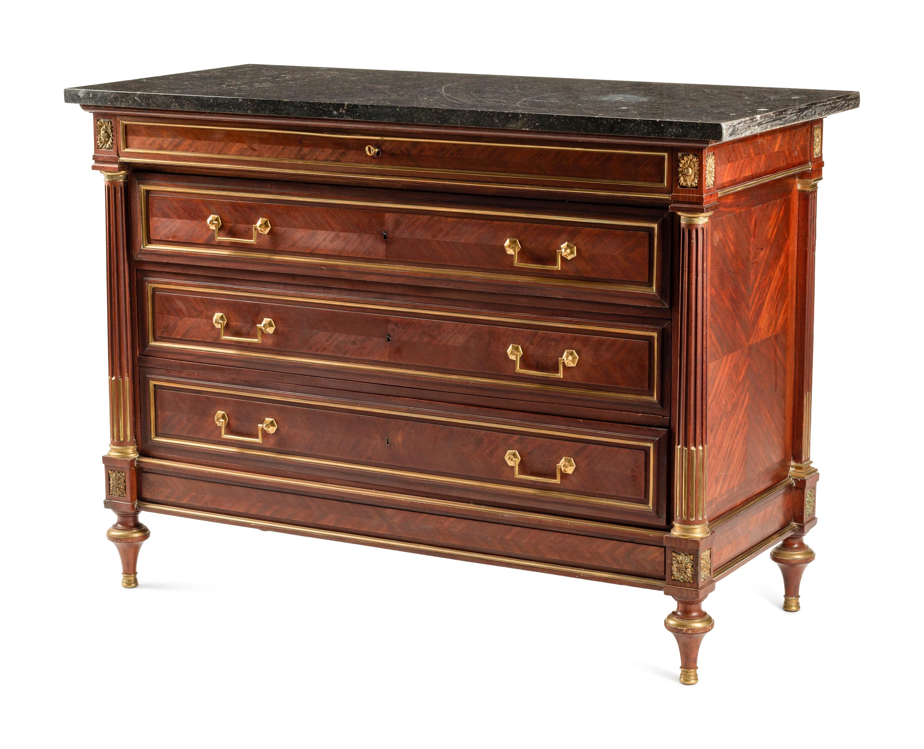 A Louis XVI Style Gilt Bronze Mounted Mahogany Marble-Top Commode