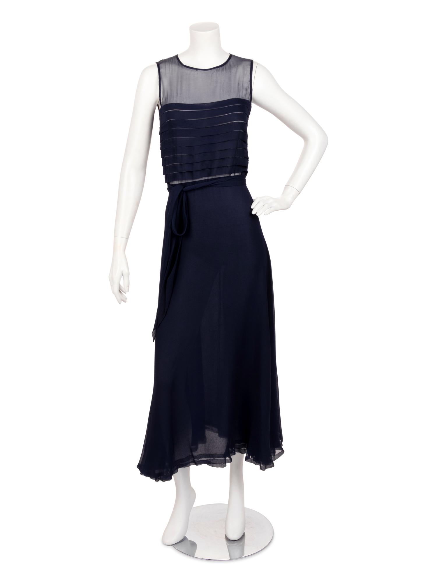 Yves Saint Laurent Haute Couture Navy Chiffon Dress with Scarf, 1970s