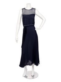 Yves Saint Laurent Haute Couture Navy Chiffon Dress with Scarf, 1970s