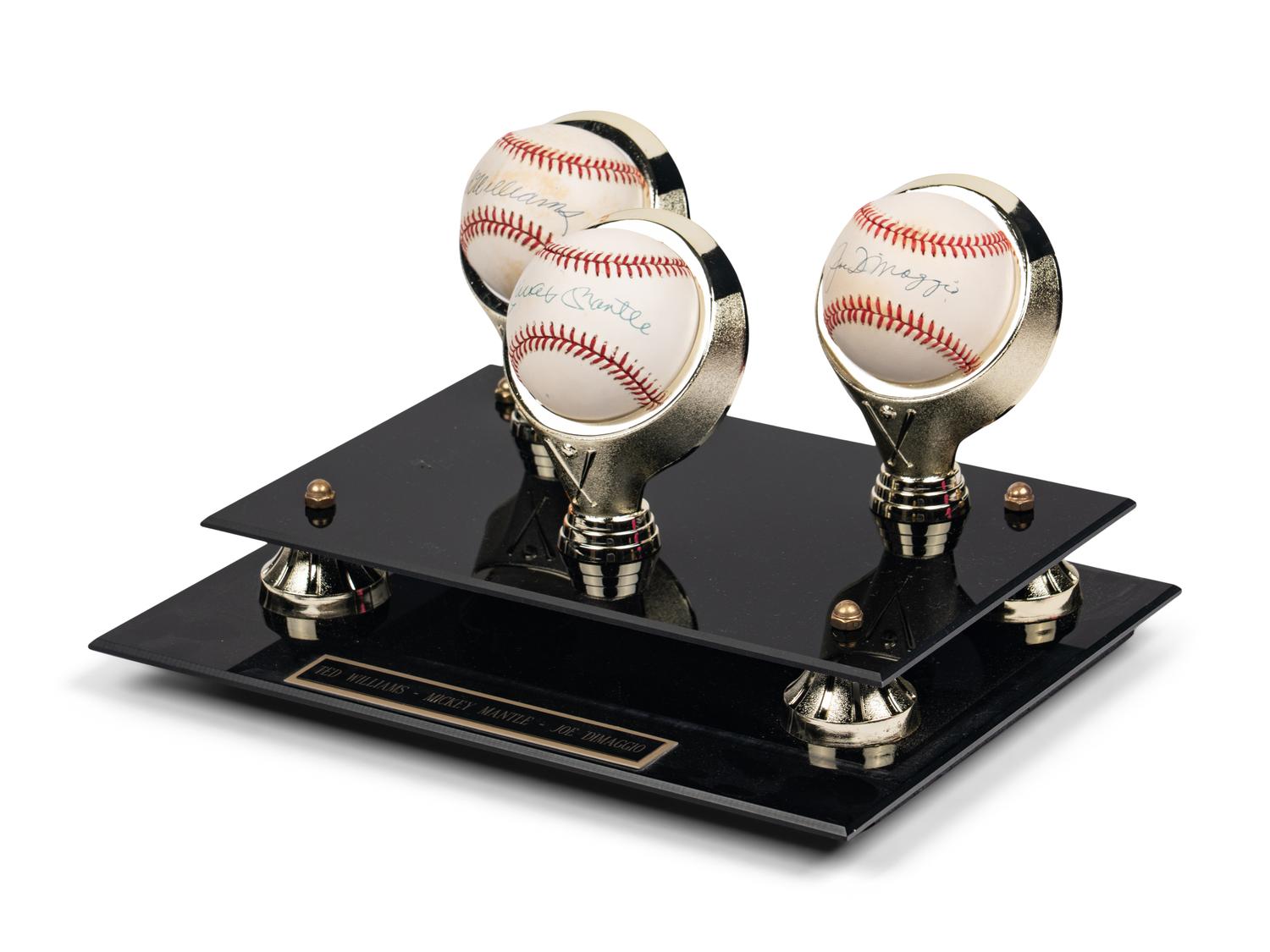A Ted Williams, Mickey Mantle and Joe DiMaggio Single Signed Autograph Baseball Display (Beckett Authentcation Services)
