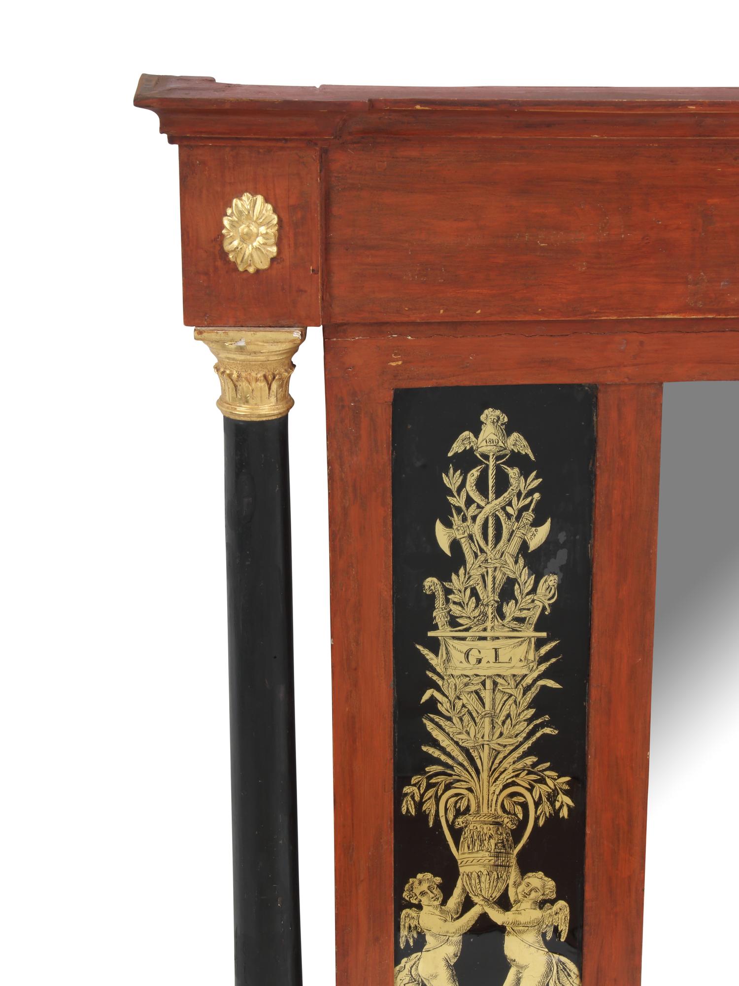A Neoclassical Style Painted and Églomisé Panel-Inset Overmantle Mirror