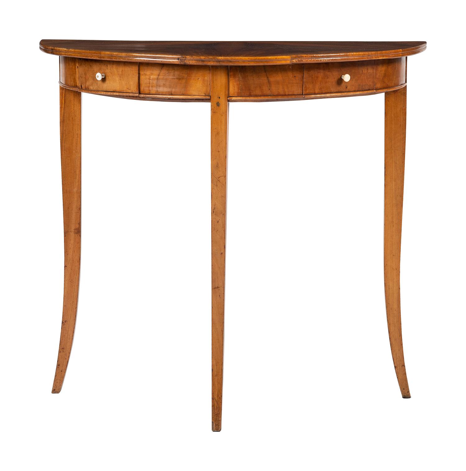 A Biedermeier Figured Birch Demilune Table