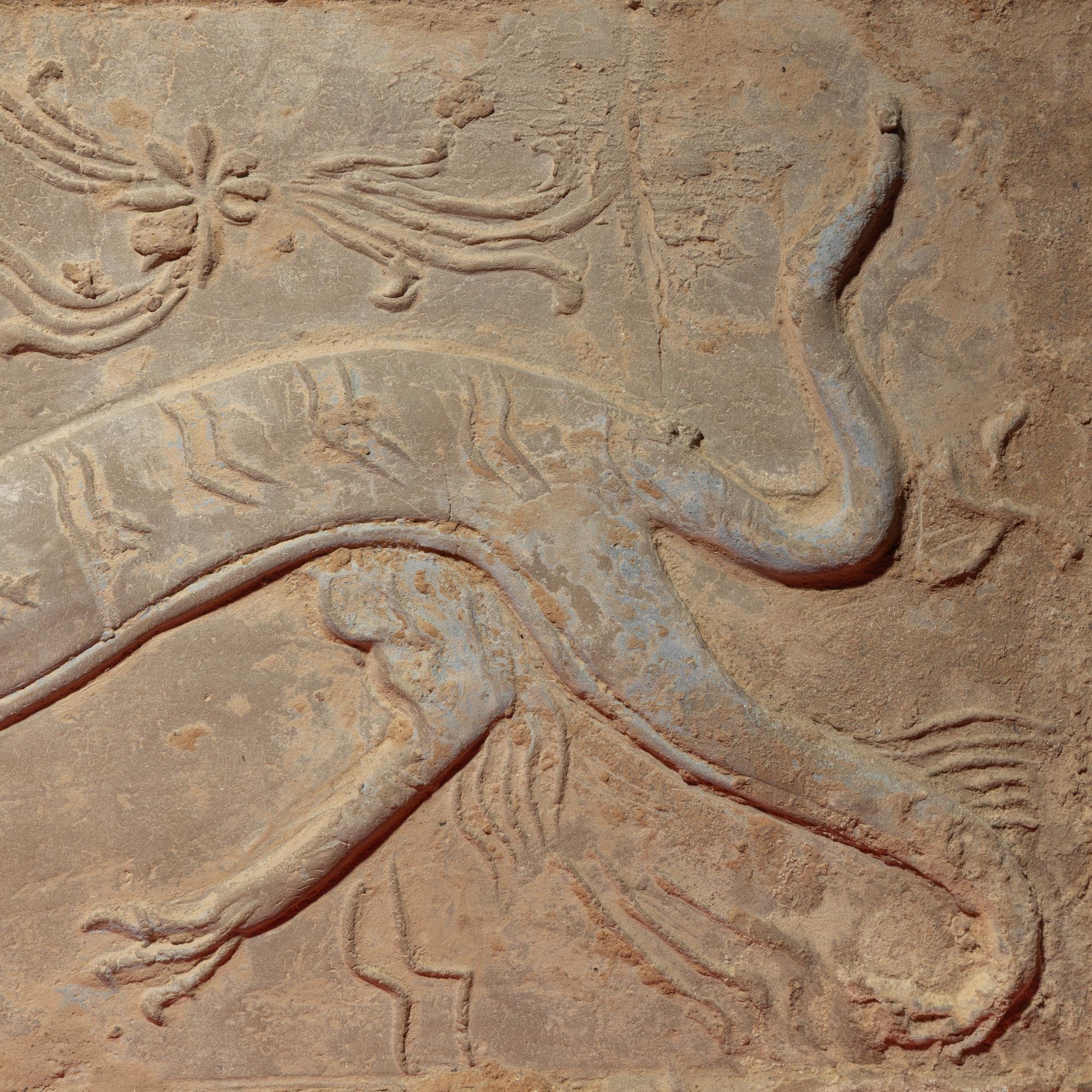 A Chinese Grey Pottery 'White Tiger' Relief Tomb Brick, Southern Dynasties — 南朝 灰陶四神白虎畫像磚