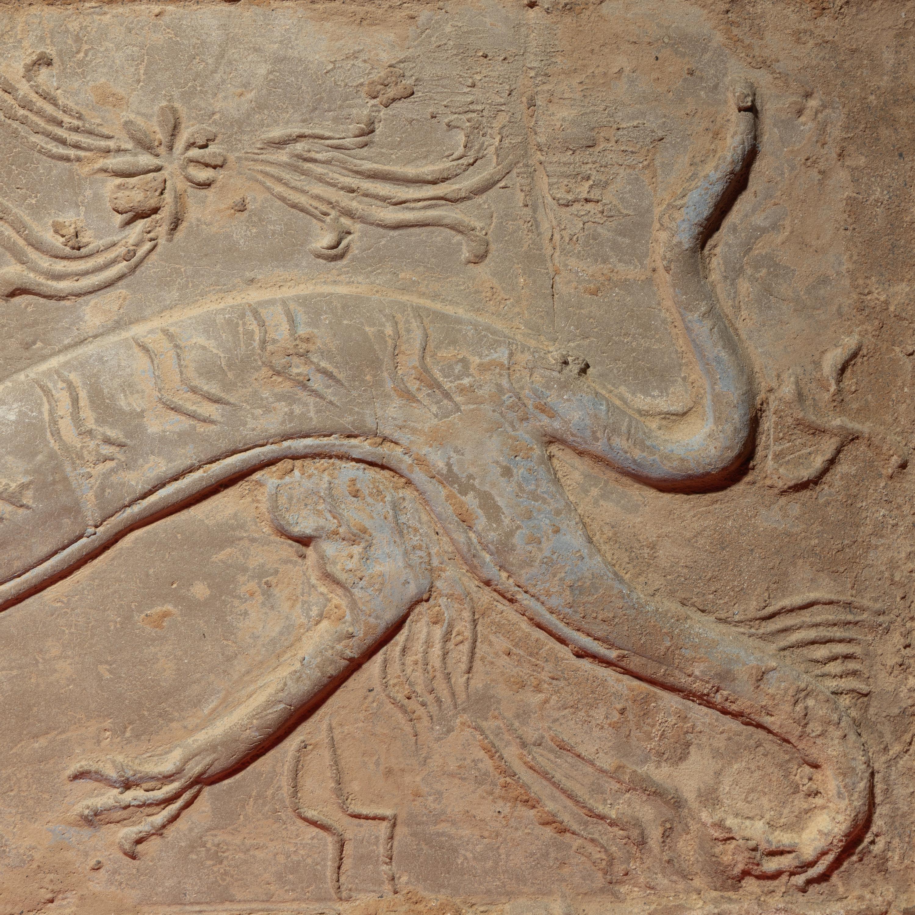 A Chinese Grey Pottery 'White Tiger' Relief Tomb Brick, Southern Dynasties — 南朝 灰陶四神白虎畫像磚