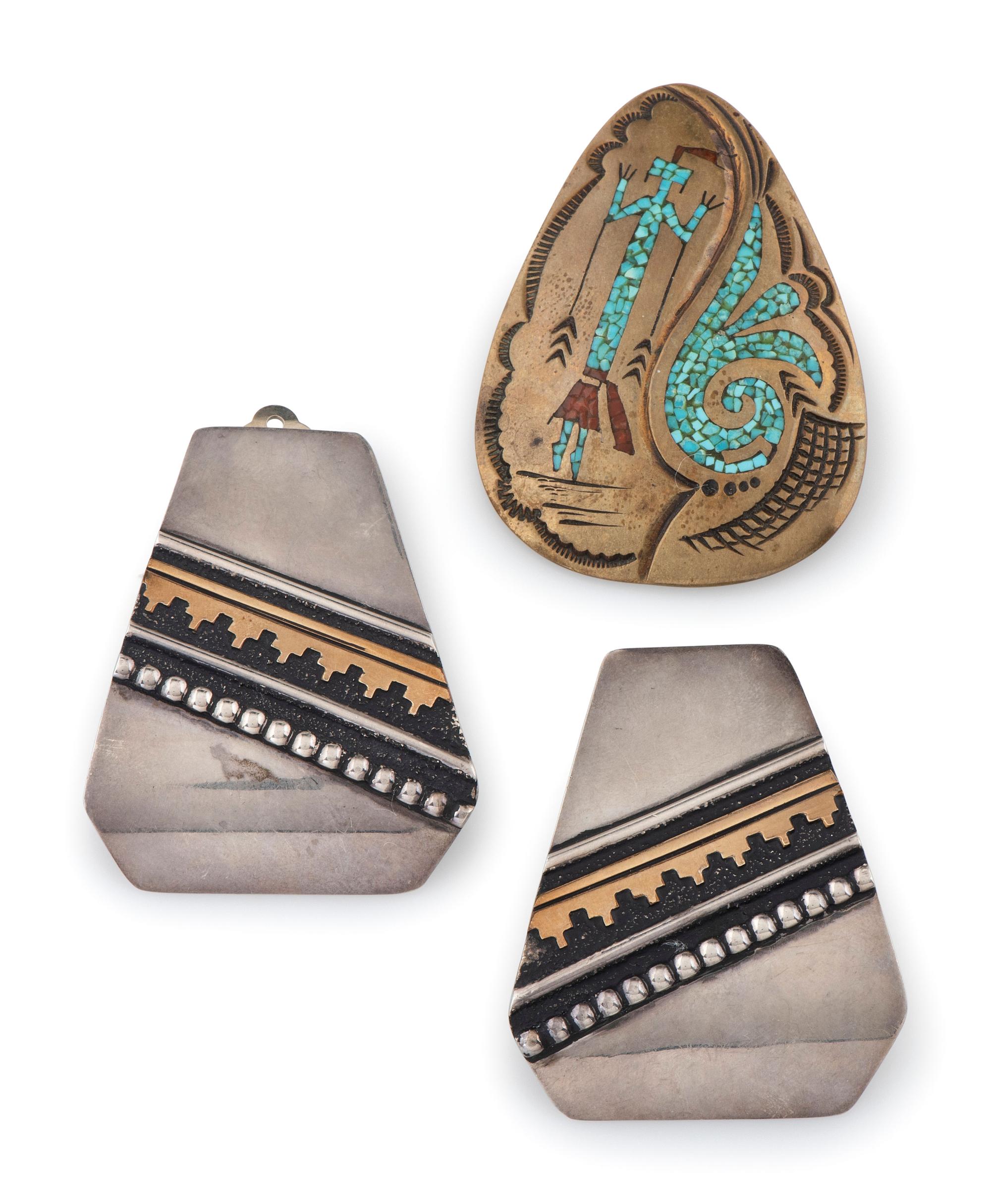 Sterling Silver Clip Earrings with 14k Gold Accents AND Brass Turquoise Chip Inlay Pin / Pendant