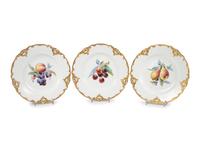 Three Meissen Porcelain Parcel Gilt and Hand Painted Fruit Plates