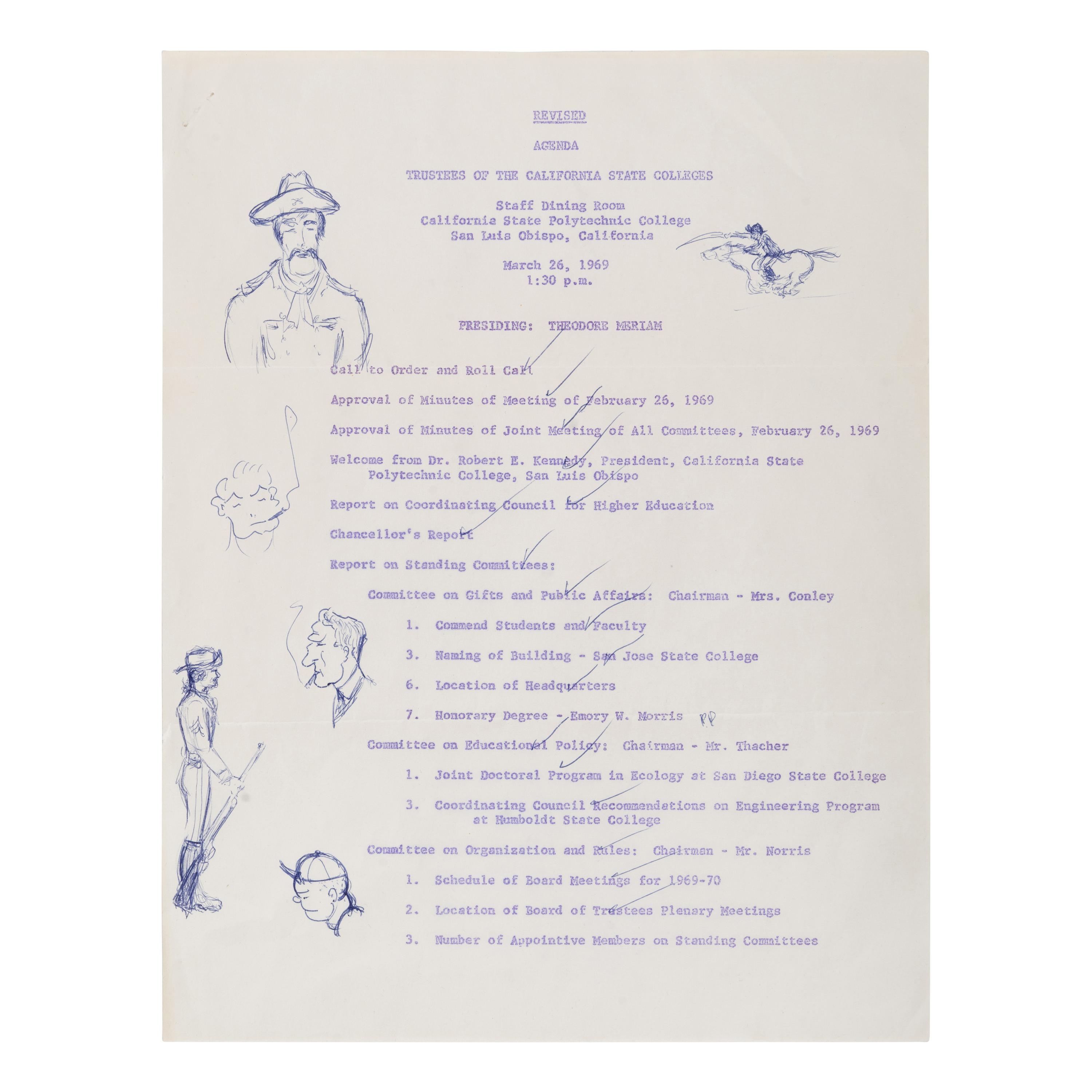 Reagan, Ronald (1911-2004). Autograph doodles on a mimeographed agenda for a meeting of the Trustees of the California State Colleges. San Luis Obispo, California, 26 March 1969.