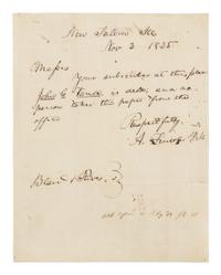 LINCOLN, Abraham (1809-1865). Autograph letter signed ("A. Lincoln P.M.") as Postmaster, to Blair & Rives. New Salem, Illinois, 3 November 1835.