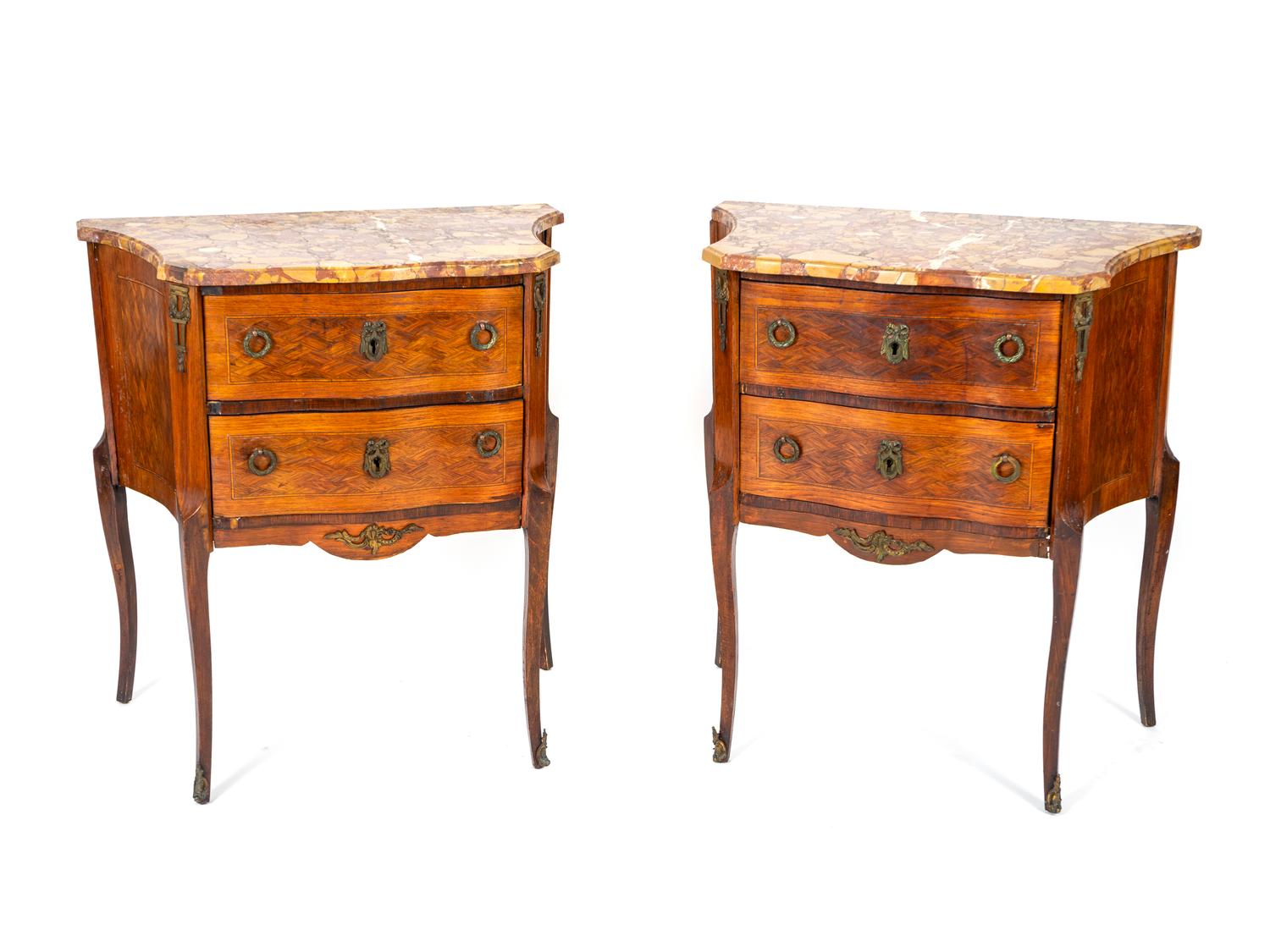 A Pair of Louis XV/XVI Transitional Style Parquetry Tables en Chiffoniere — 20TH CENTURY