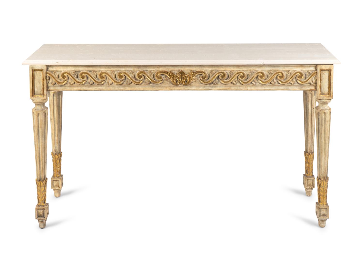 A Near Pair of Louis XVI Style Parcel-Gilt and Painted Consoles — 20TH CENTURY