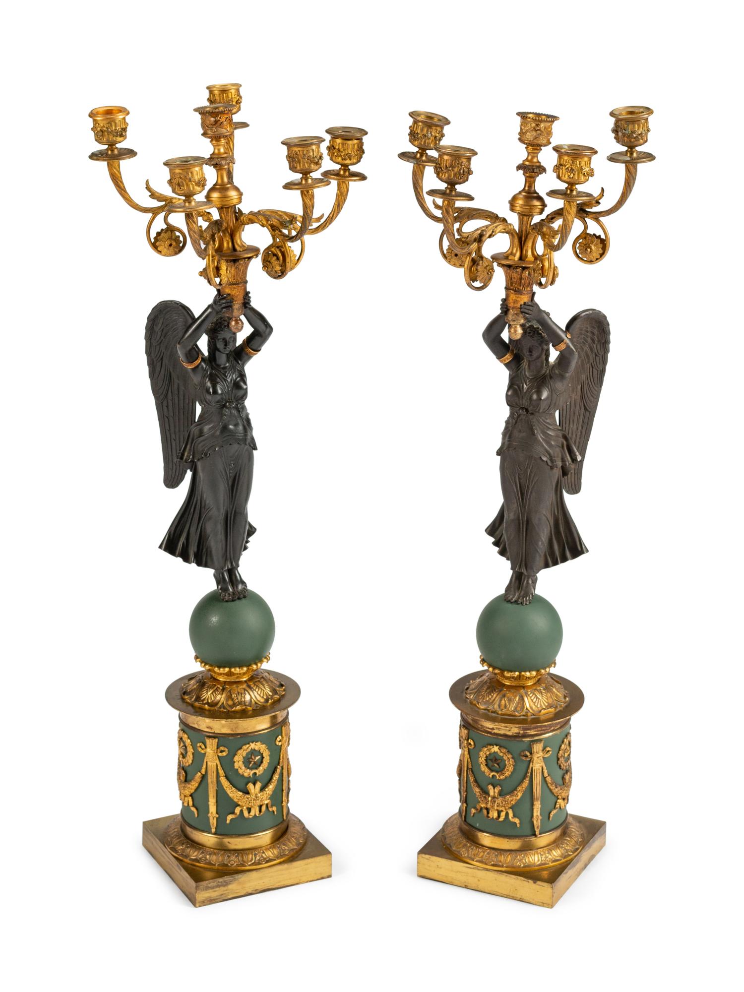 A Pair of Empire Parcel-Gilt and Patinated Bronze Six-Light Candelabra — 19TH CENTURY