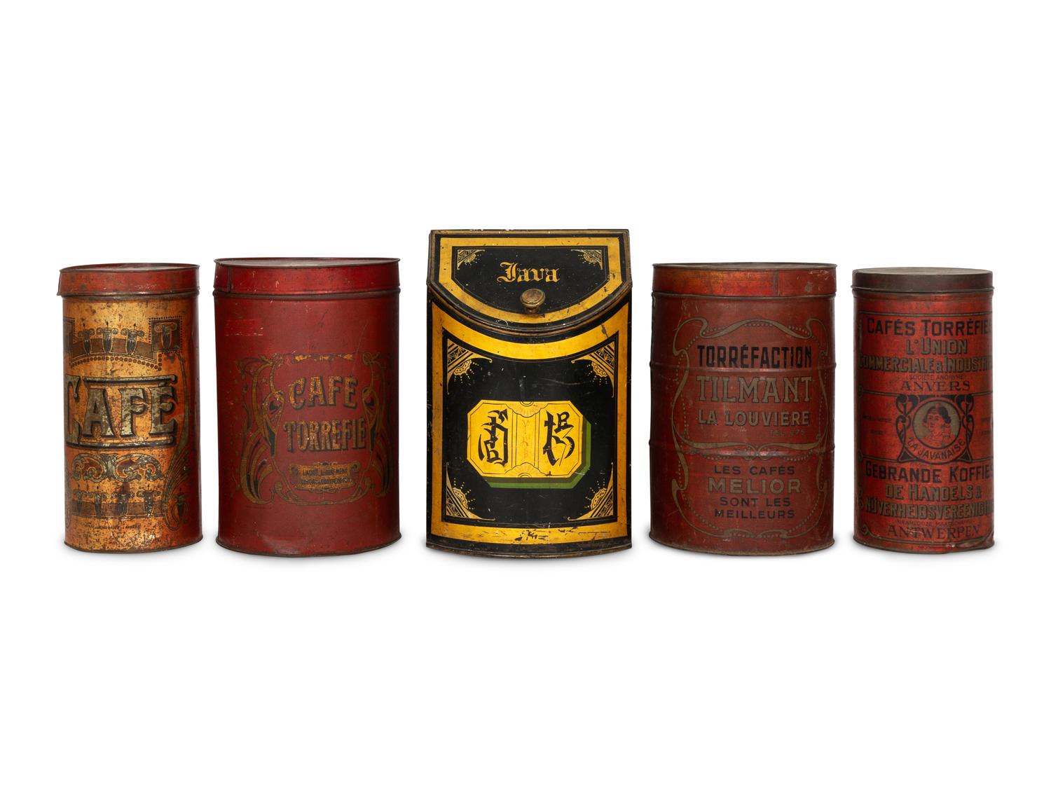 A Chinese Export Tole Tea Bin and Four Continental Coffee Tins