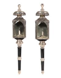 A Pair of Black-Painted and Silvered Metal Mounted Lanterns