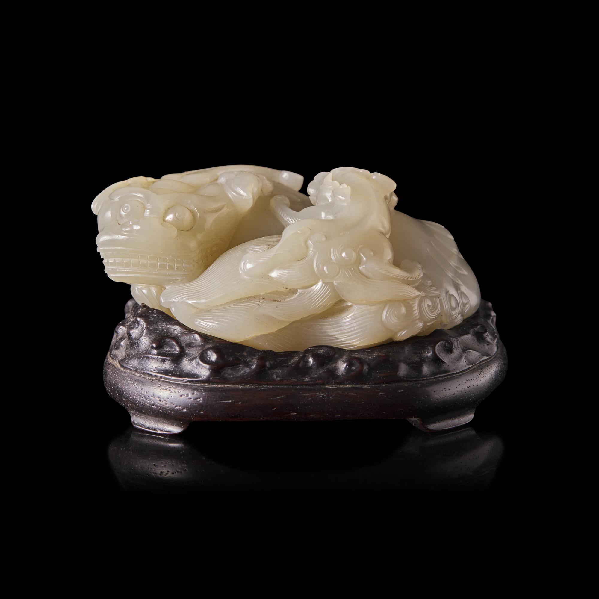 A Chinese Carved Greyish-White Jade Mythical Beasts Group 灰白玉太獅少獅