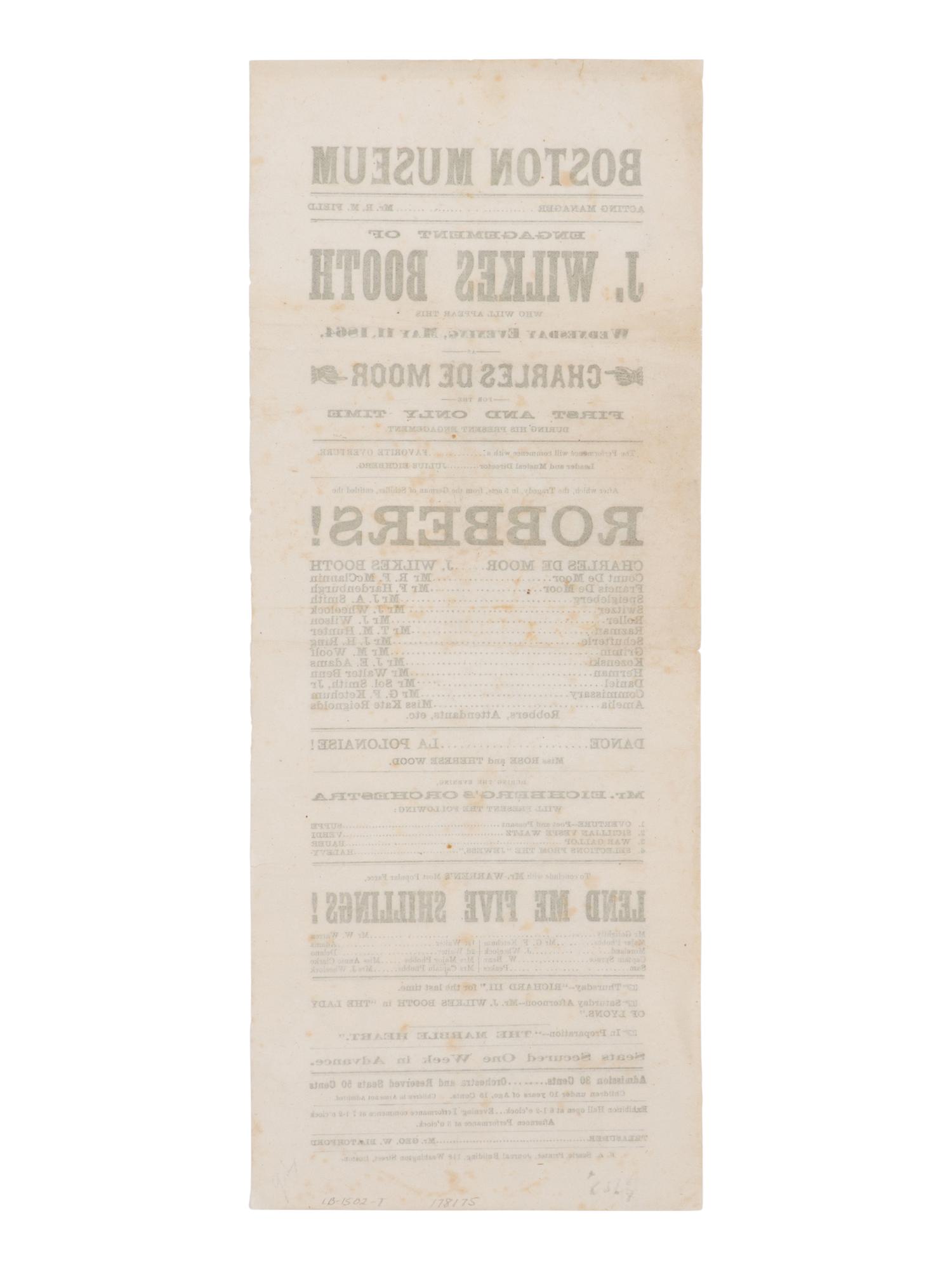 [BOOTH, John Wilkes (1838-1865)]. A broadside playbill for Booth's performance as Charles de Moor in The Robbers at the Boston Museum, 11 May 1864.