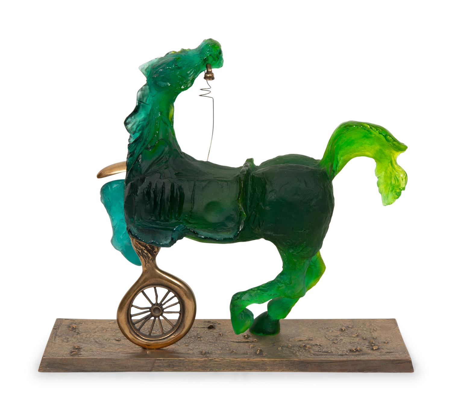 A Daum Pâte de Verre and Bronze Sculpture, Debris d'une automobile donnant naissance a un cheval aveugle mordant un telephone