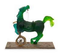 A Daum Pâte de Verre and Bronze Sculpture, Debris d'une automobile donnant naissance a un cheval aveugle mordant un telephone