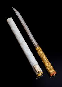 A Gilt Bronze Handled Dagger with White Jade Scabbard Length overall 12 1/4 inches. — EARLY 18TH CENTURY