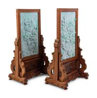 A Set of Four Chinese Export Carved Lavender and Green Jadeite Table Screens in Hardwood Stands