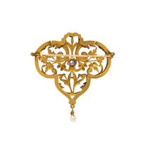ANTIQUE, FRENCH, YELLOW GOLD, DIAMOND, AND SEED PEARL BROOCH