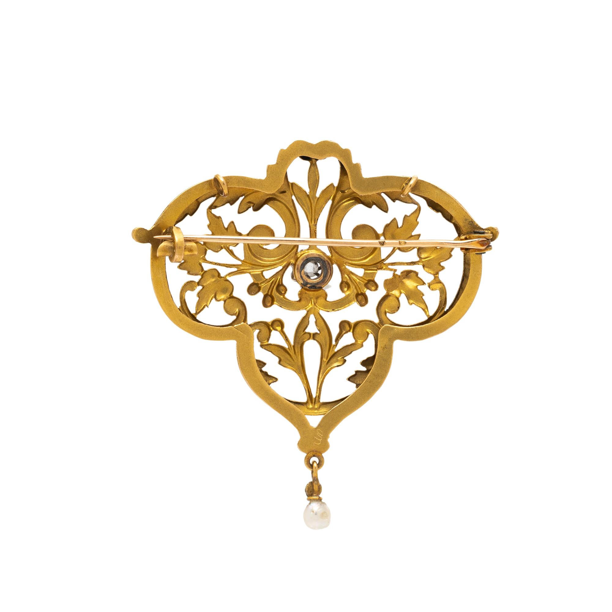 ANTIQUE, FRENCH, YELLOW GOLD, DIAMOND, AND SEED PEARL BROOCH