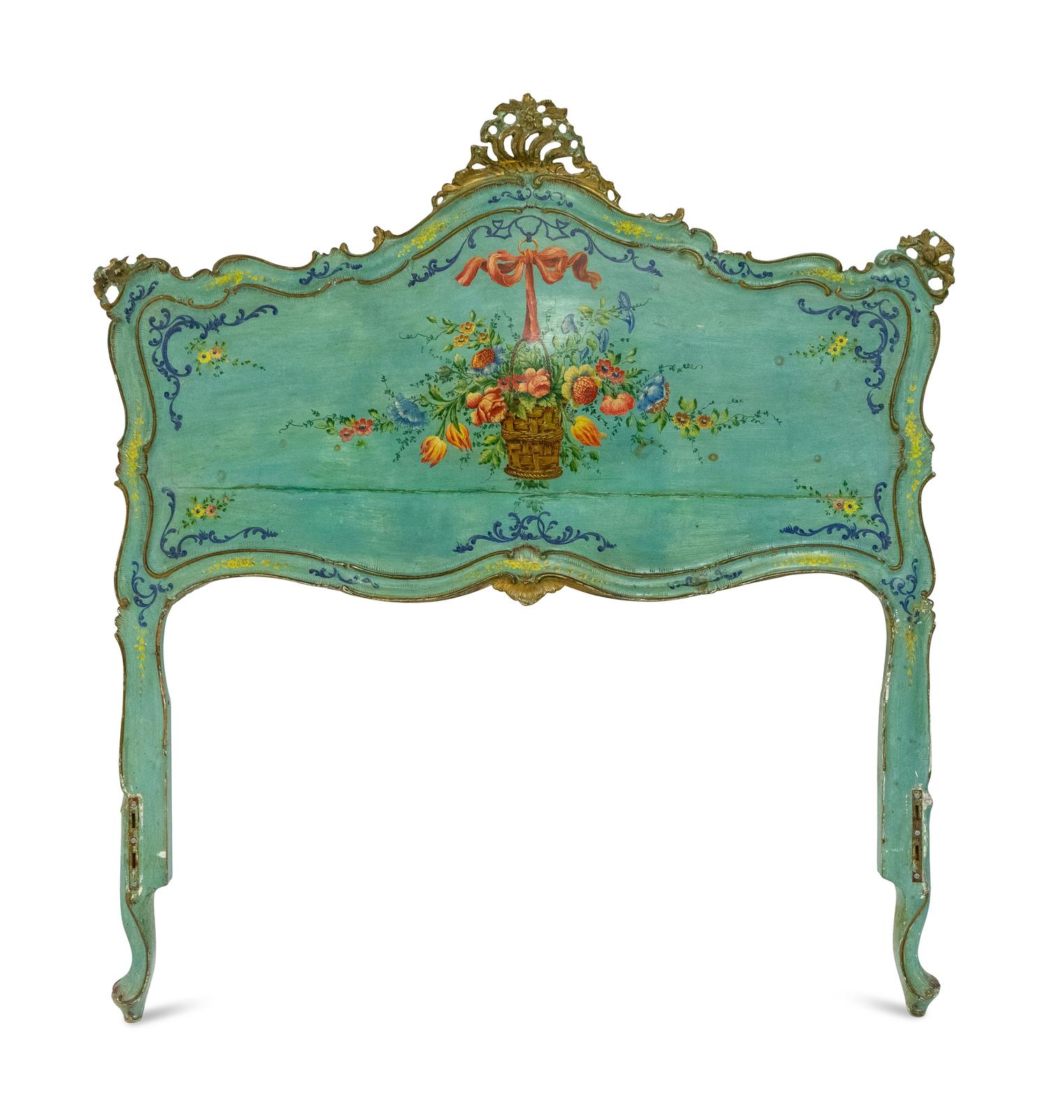A Louis XV Painted and Parcel Gilt Carved Pine Bed