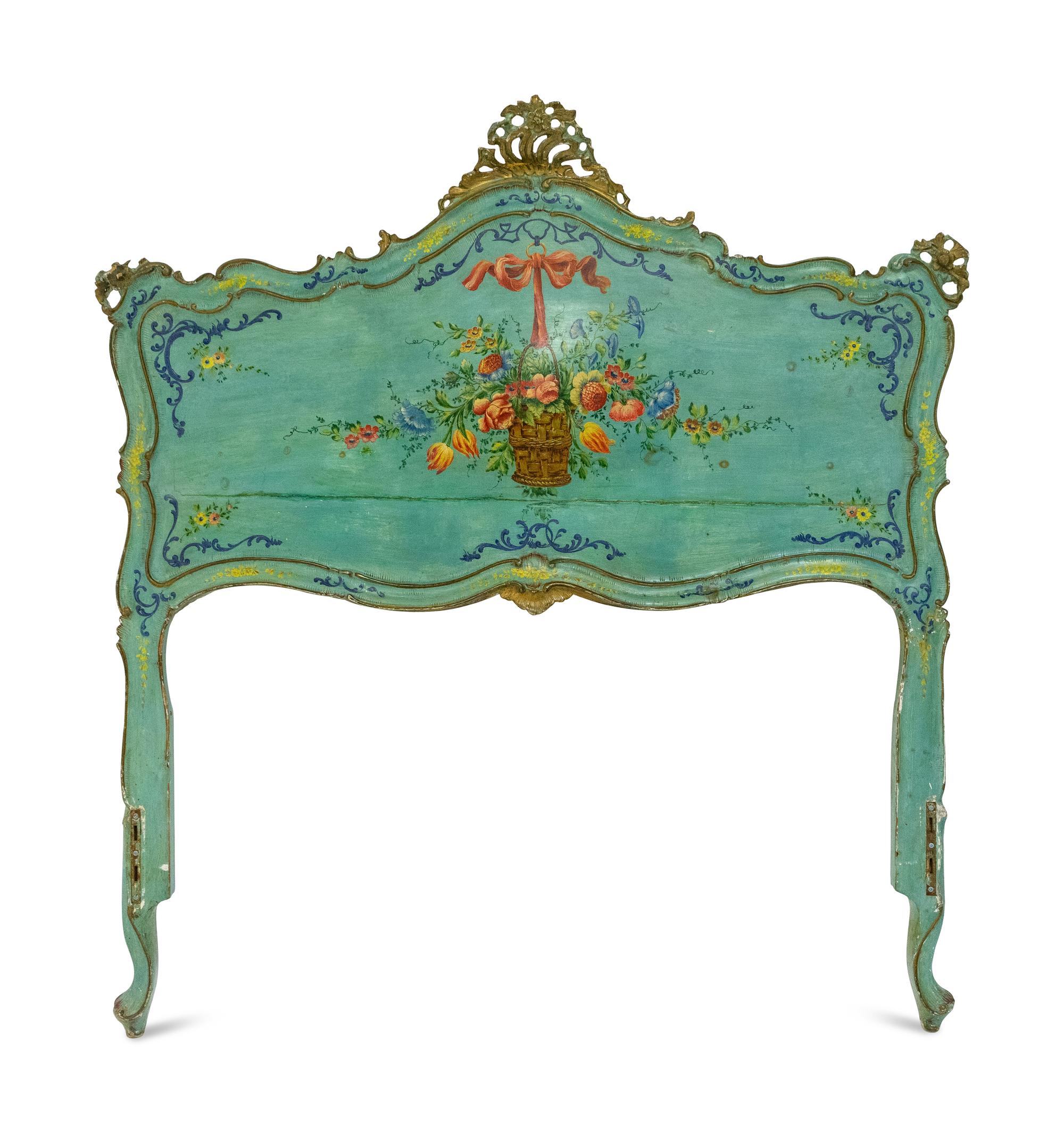 A Louis XV Painted and Parcel Gilt Carved Pine Bed