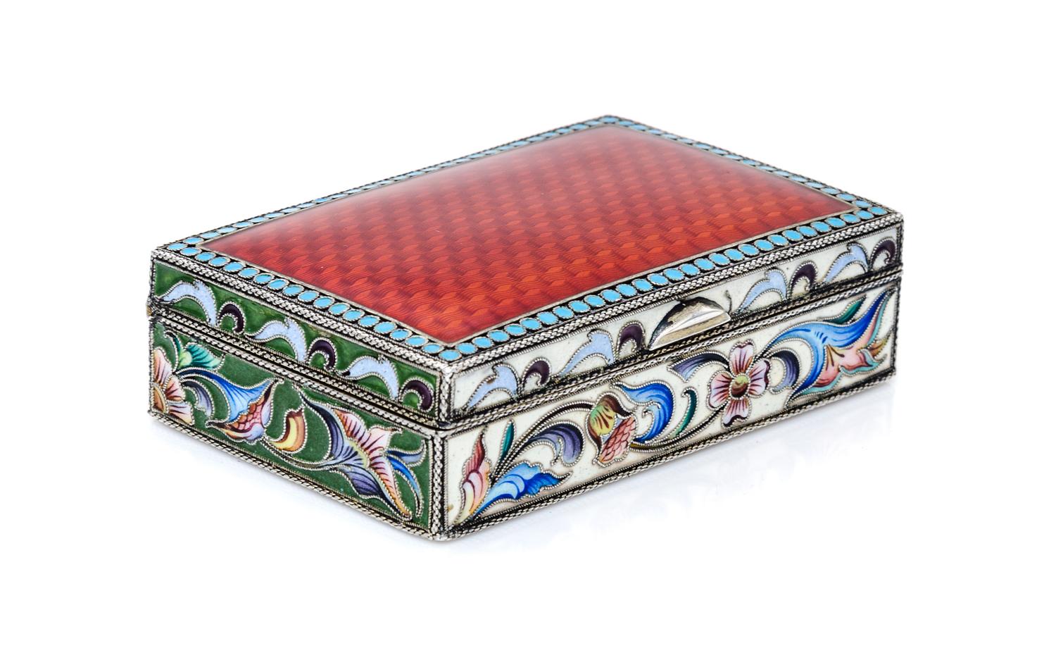 A Russian Guilloche and Cloisonne Enamel Box, Maker's mark AE, Moscow, early 20th century, the lid with translucent red enameling above