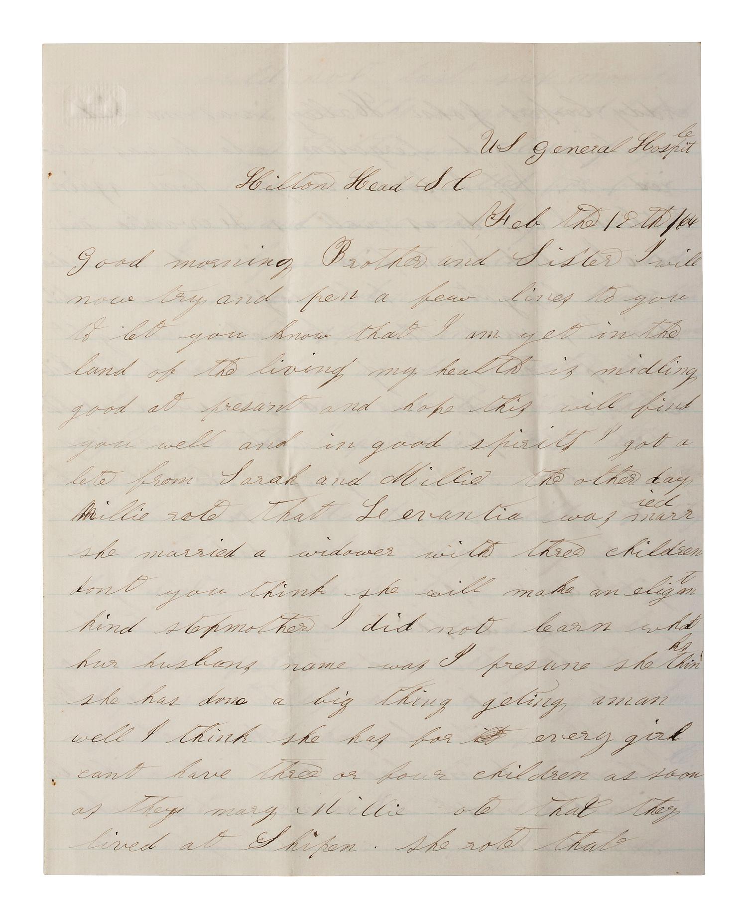 [CIVIL WAR]. Soldier's letter featuring graphic descriptions of dying soldiers from the US General Hospital in Hilton Head, SC. 19-23 February 1864.