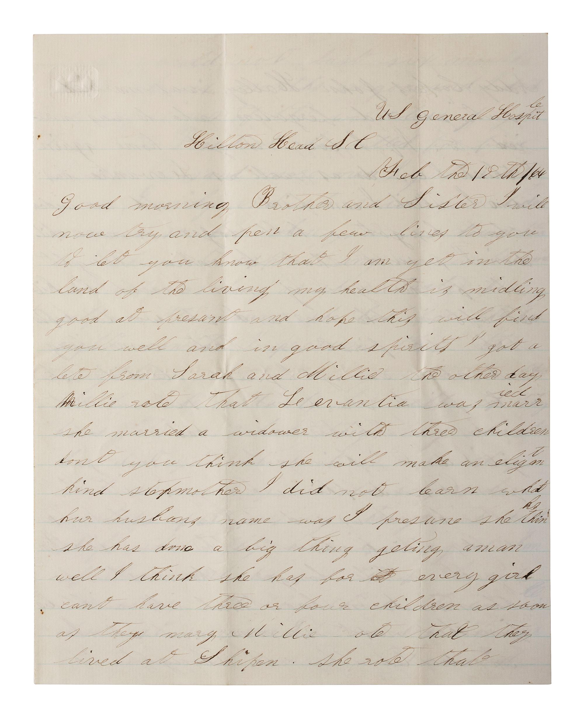 [CIVIL WAR]. Soldier's letter featuring graphic descriptions of dying soldiers from the US General Hospital in Hilton Head, SC. 19-23 February 1864.