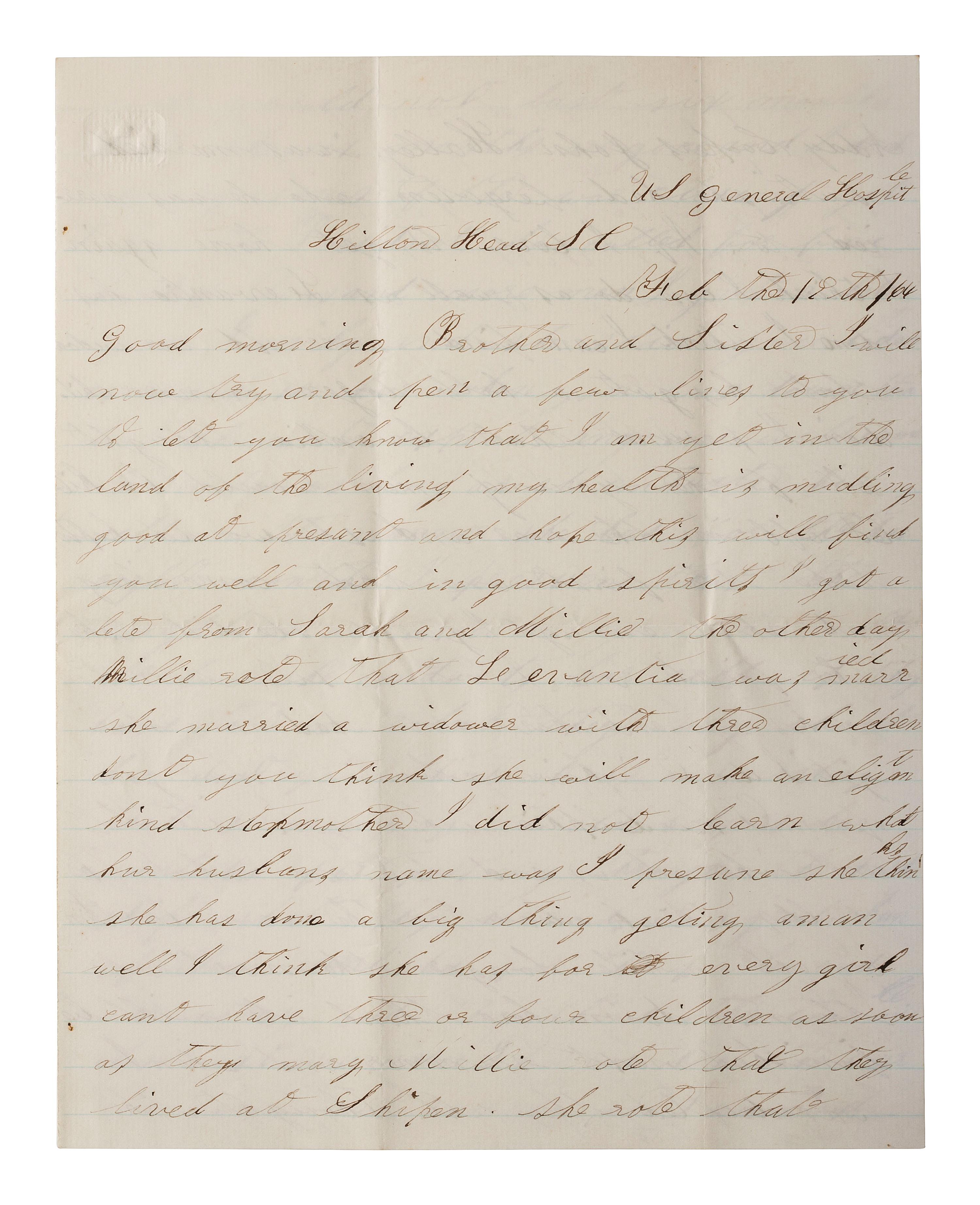 [CIVIL WAR]. Soldier's letter featuring graphic descriptions of dying soldiers from the US General Hospital in Hilton Head, SC. 19-23 February 1864.