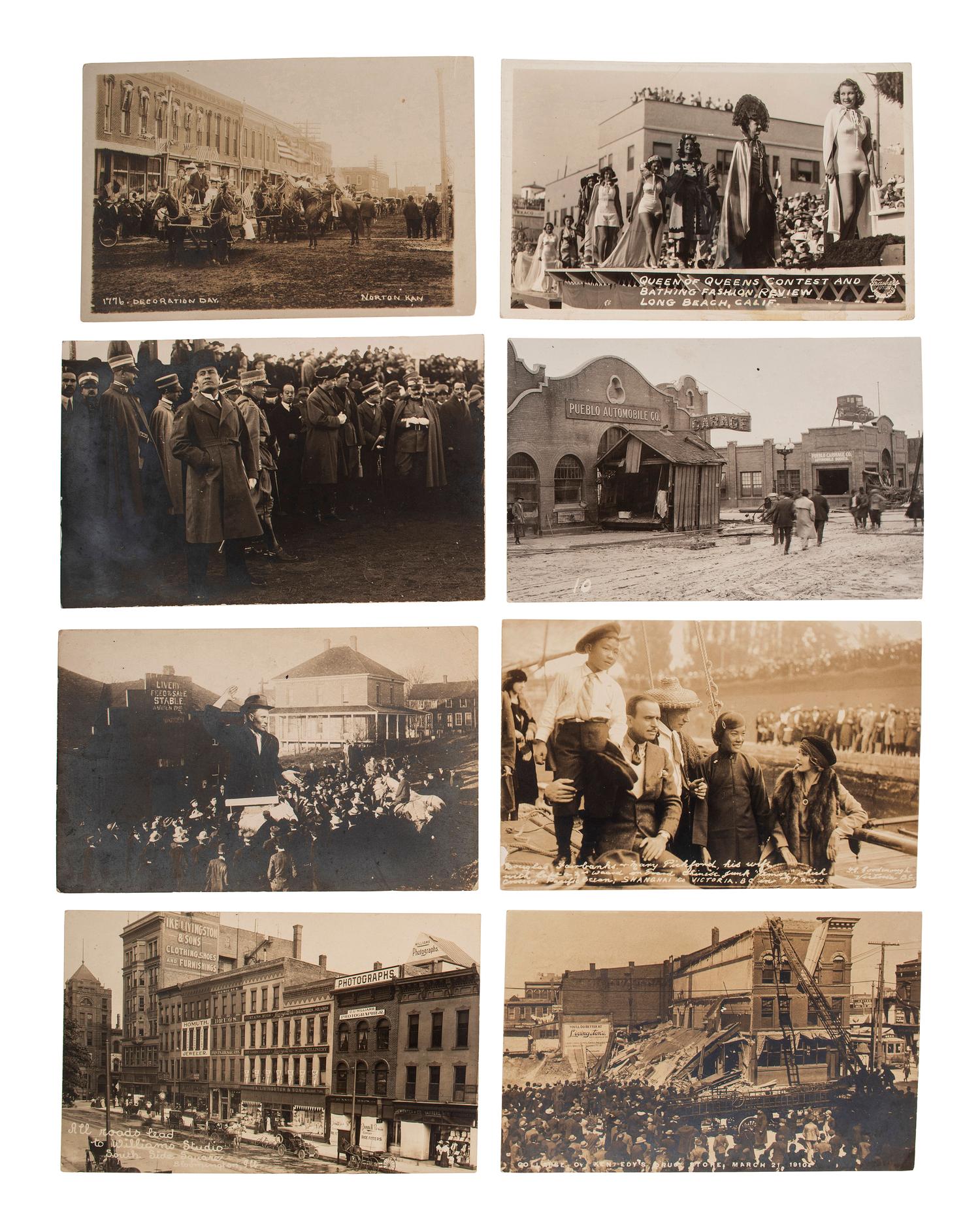 [EARLY PHOTOGRAPHY]. A group of 42 real photo postcards of cityscapes, town activities and disasters, parades, circuses, and fairs, highlighted by view of a child labor protest, an elephant parade, and bronco busting.