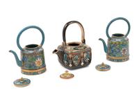 A Group of Three Cloisonné Teapots and Two Cups