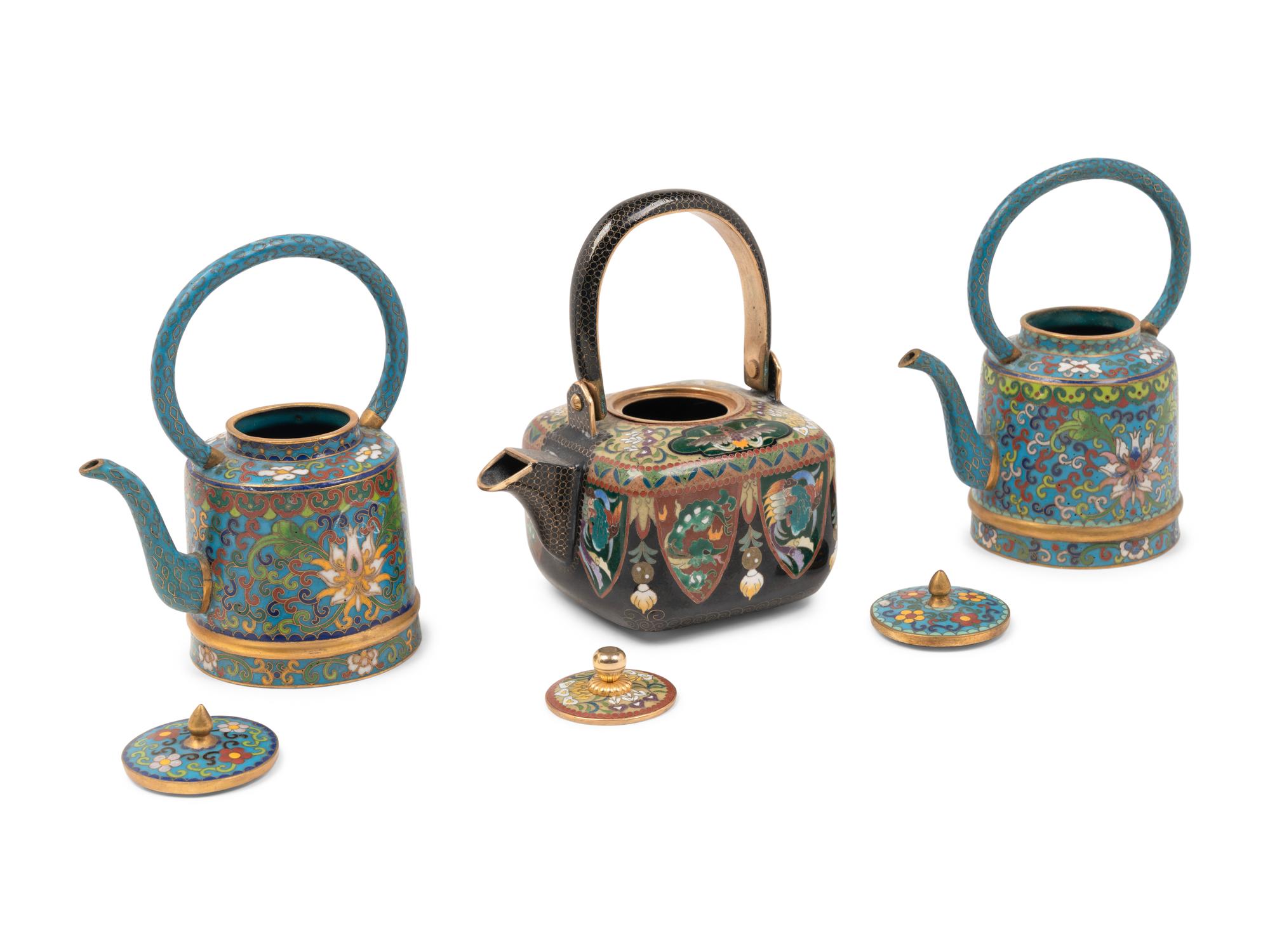 A Group of Three Cloisonné Teapots and Two Cups